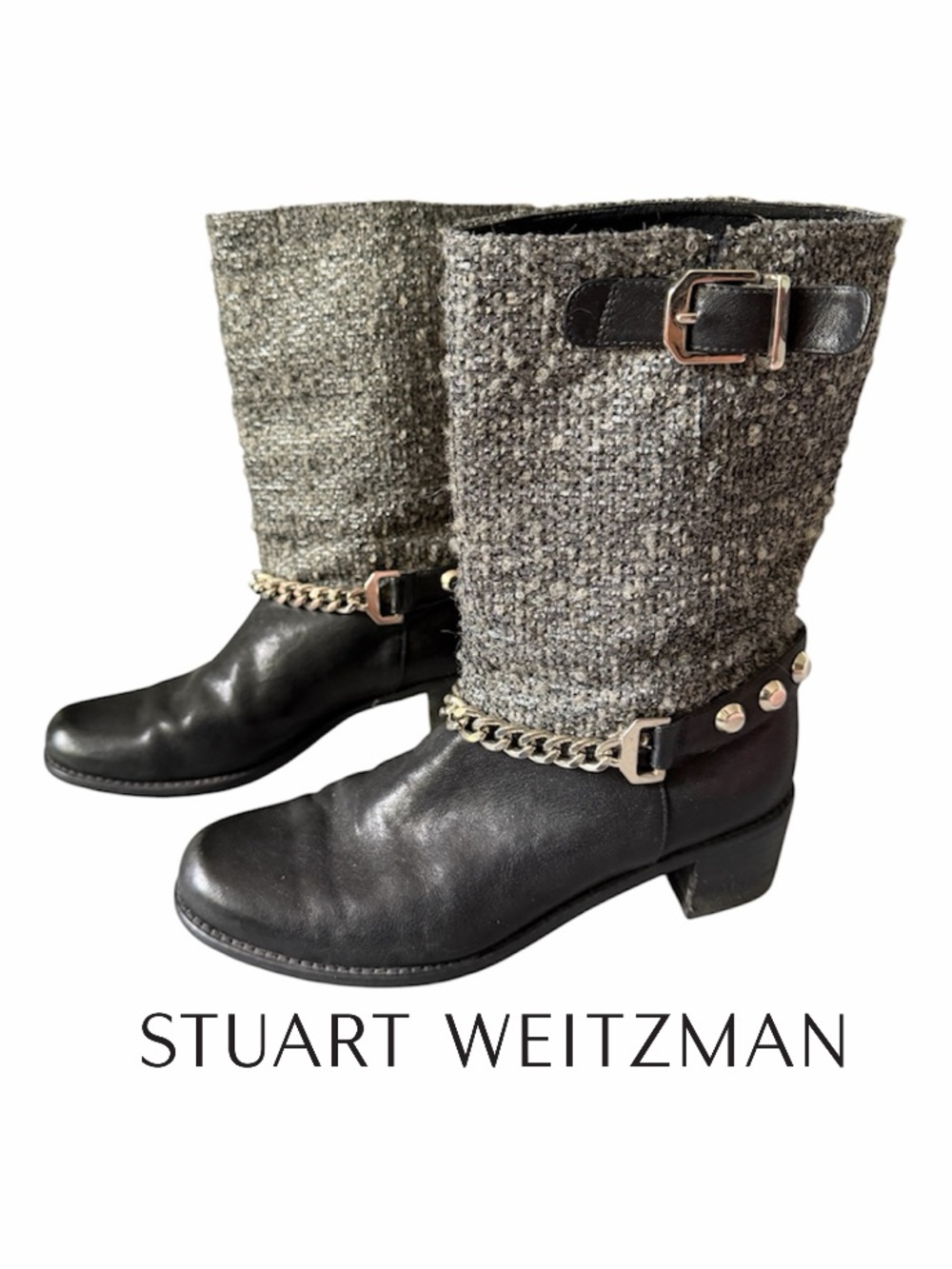 Stuart Weitzman Citylink Moto Boots Black Leather, Gray Metallic Tweed Chain 7.5